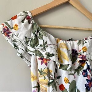 linen dress, floral print off shoulder ruffle